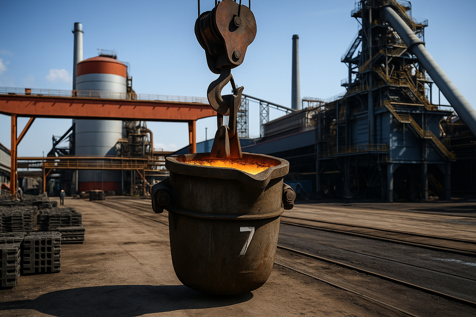 Fábrica de ferro fundido no Complexo Industrial e Portuário do Pecém, com estrutura siderúrgica moderna, guindaste e recipiente de metal fundido em operação.