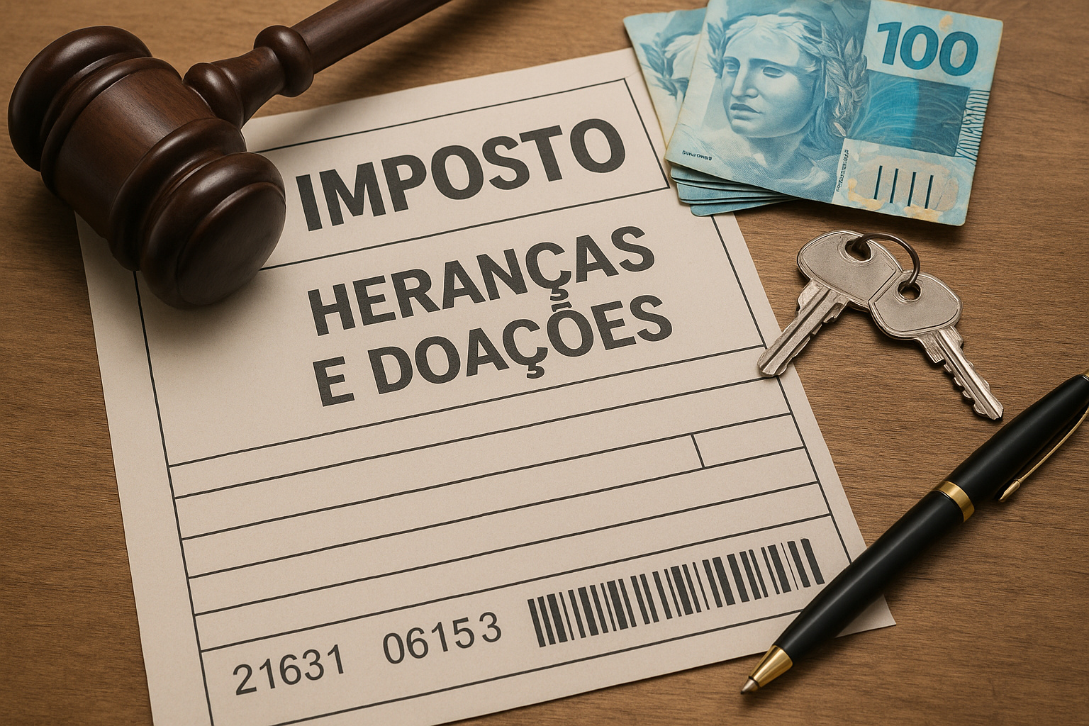 Boleto de imposto brasileiro sobre heranças e doações com valores em reais e selo fiscal.