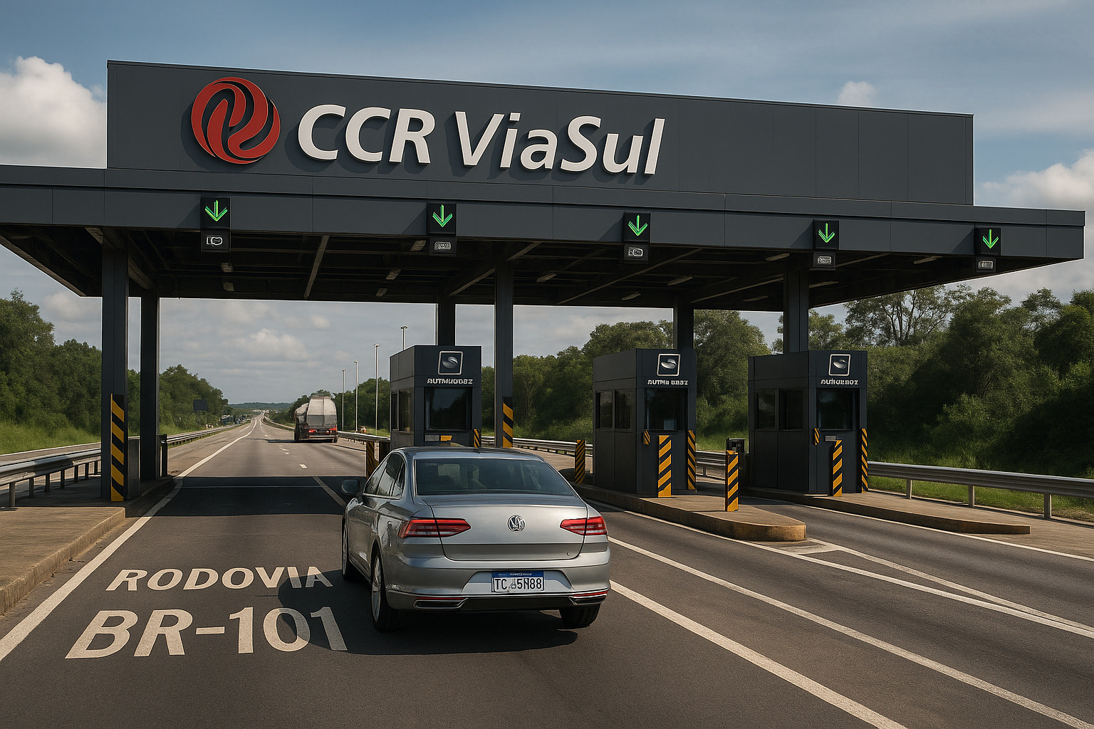 Pedágio moderno da rodovia BR-101 Sul administrado pela CCR ViaSul com cabines automáticas, sensores e sistema digital de pagamento.