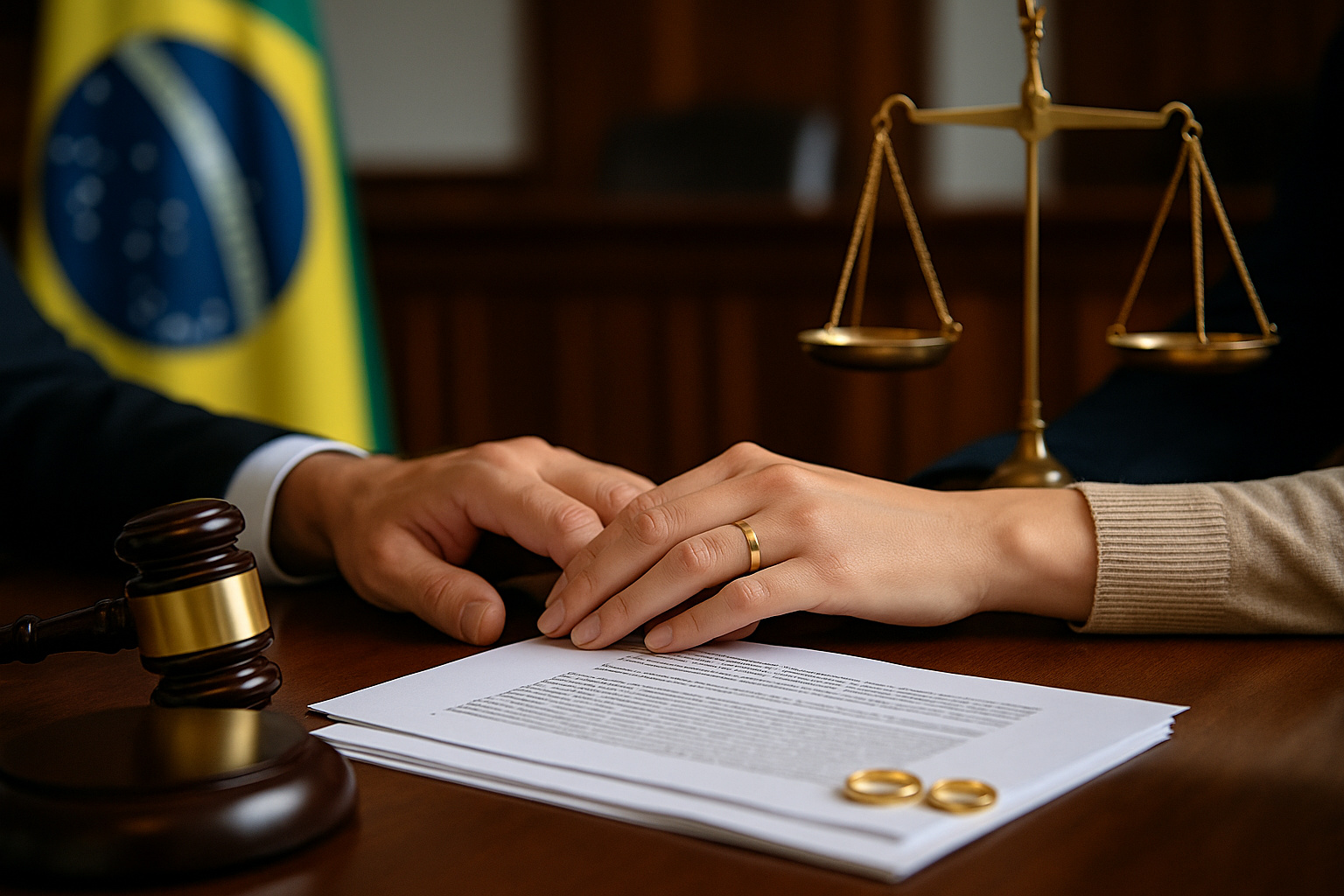 Mãos de casal com alianças ao lado de martelo de juiz, balança e documentos em mesa de tribunal, simbolizando execução de dívida no casamento em comunhão parcial decidida pelo STJ.