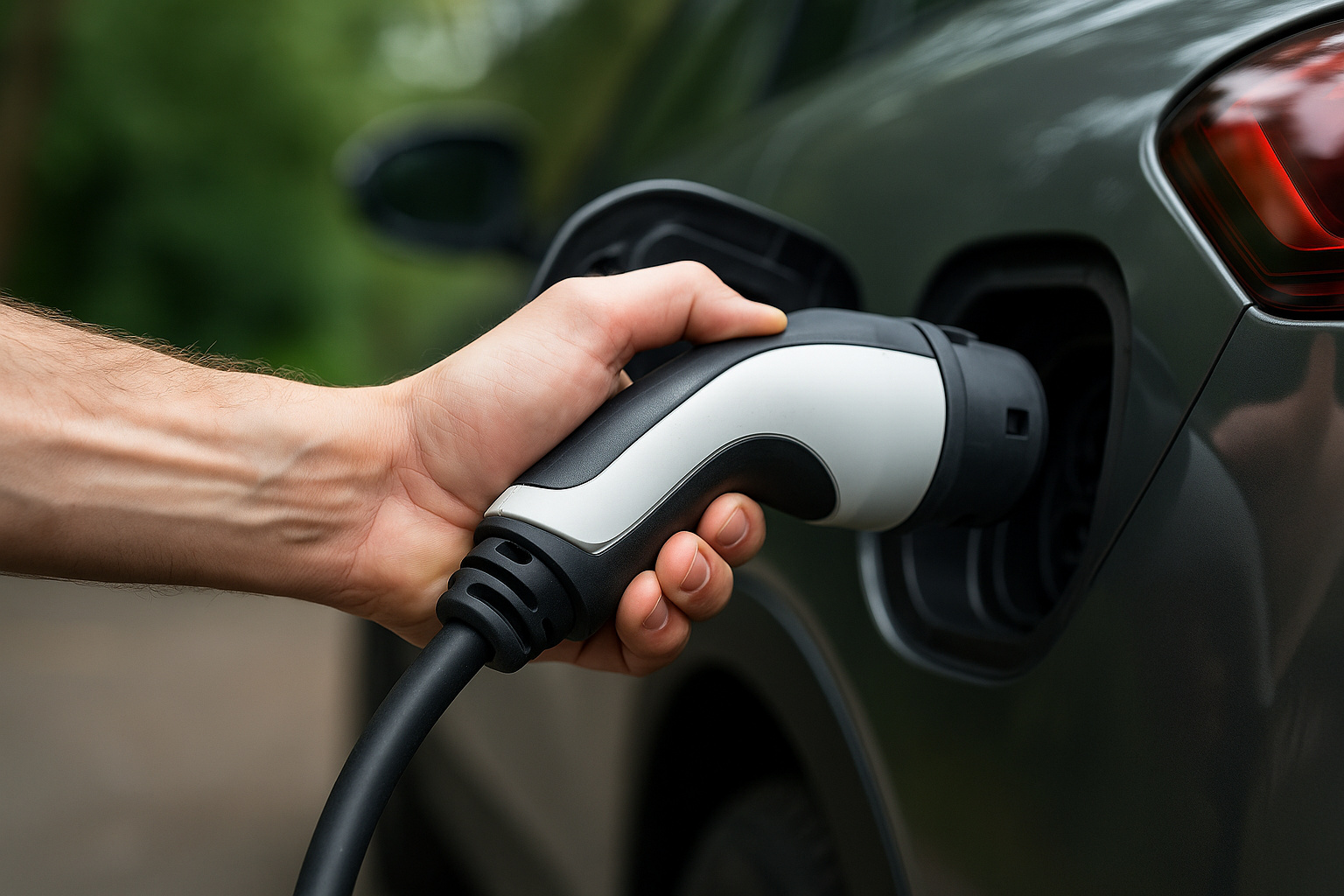 Mão humana conecta tomada de carregamento em carro elétrico prateado durante abastecimento rápido em estação urbana moderna.