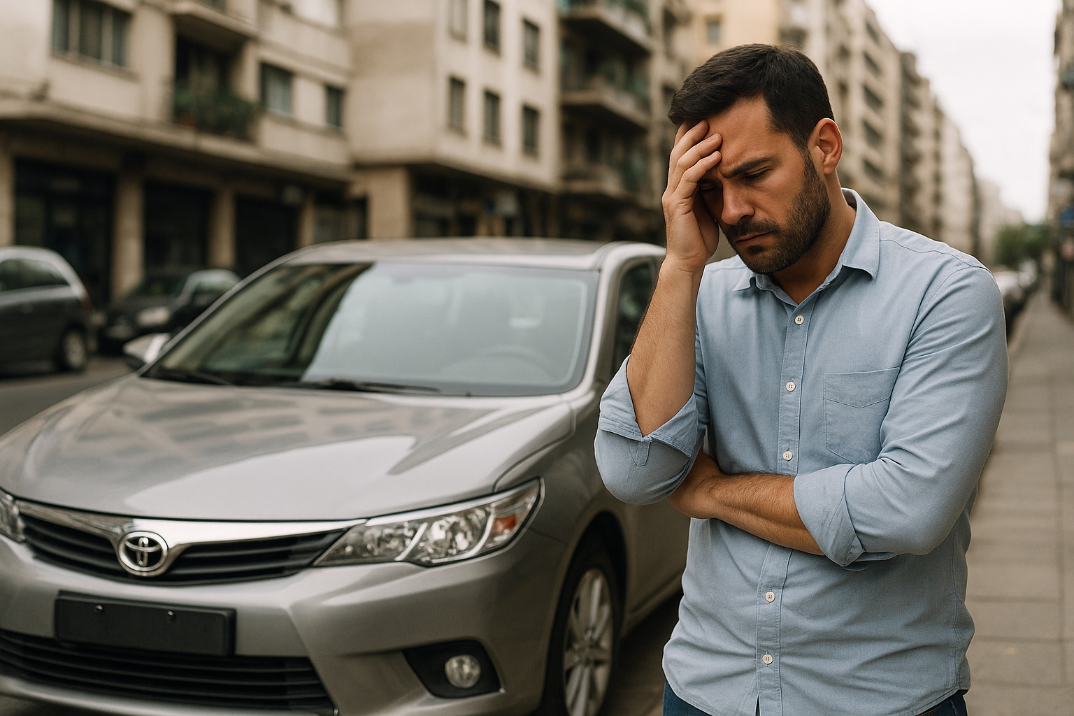 Homem preocupado ao lado de carro novo em rua urbana, simbolizando o alto custo para comprar e manter um veículo no Brasil.