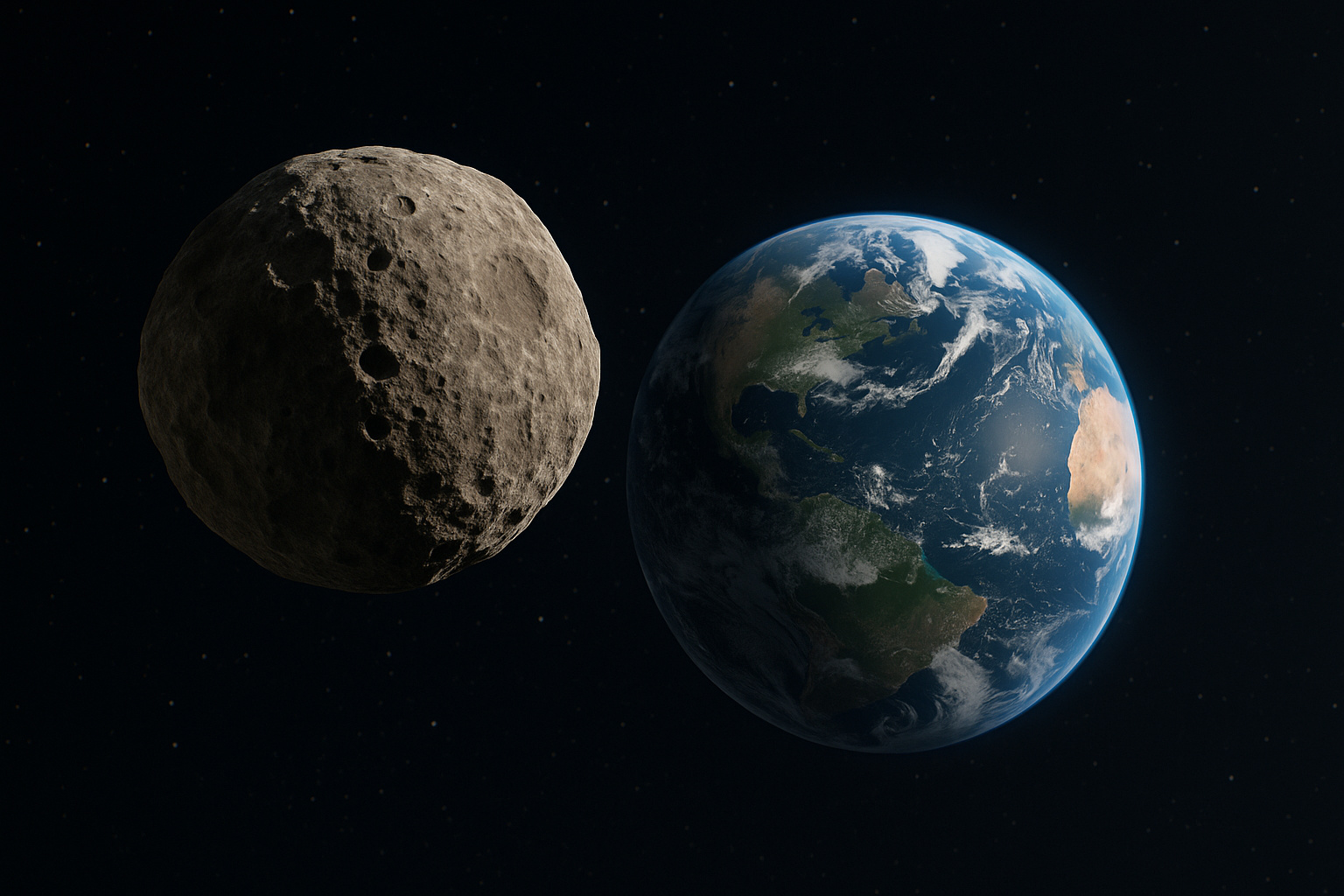 Imagem ultra realista da Terra vista do espaço ao lado de uma quase-lua, representando o corpo celeste que acompanha o planeta até 2083.