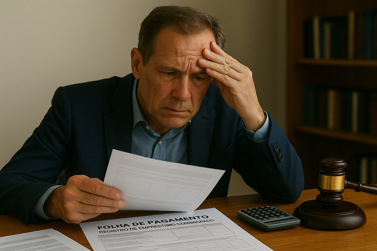 Homem preocupado analisa documentos de empréstimo consignado sobre mesa com martelo da justiça, simbolizando decisão do TJ-GO sobre a Lei do Superendividamento.