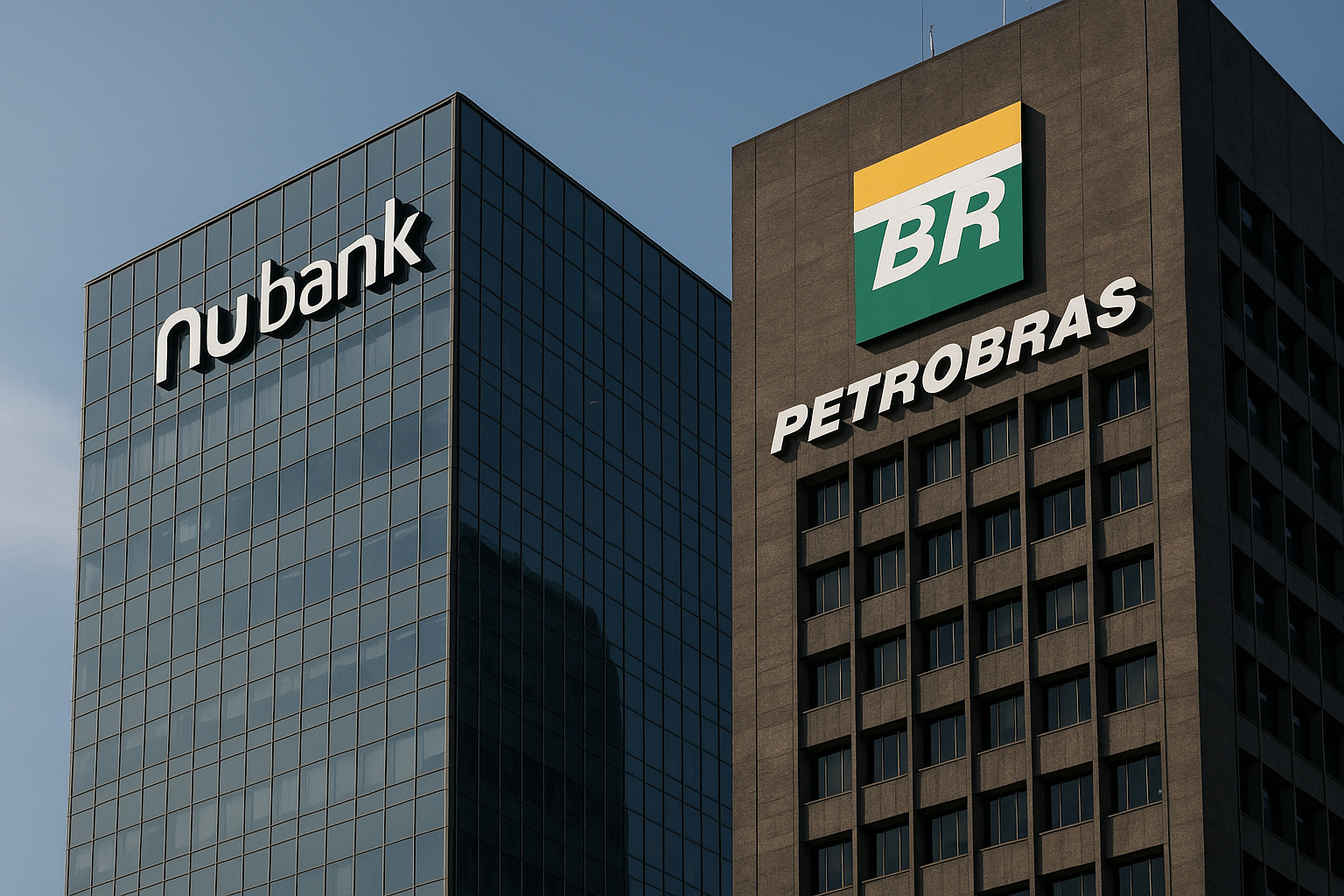 Fachadas das sedes do Nubank e da Petrobras lado a lado, simbolizando a superação do banco digital sobre a estatal em valor de mercado.
