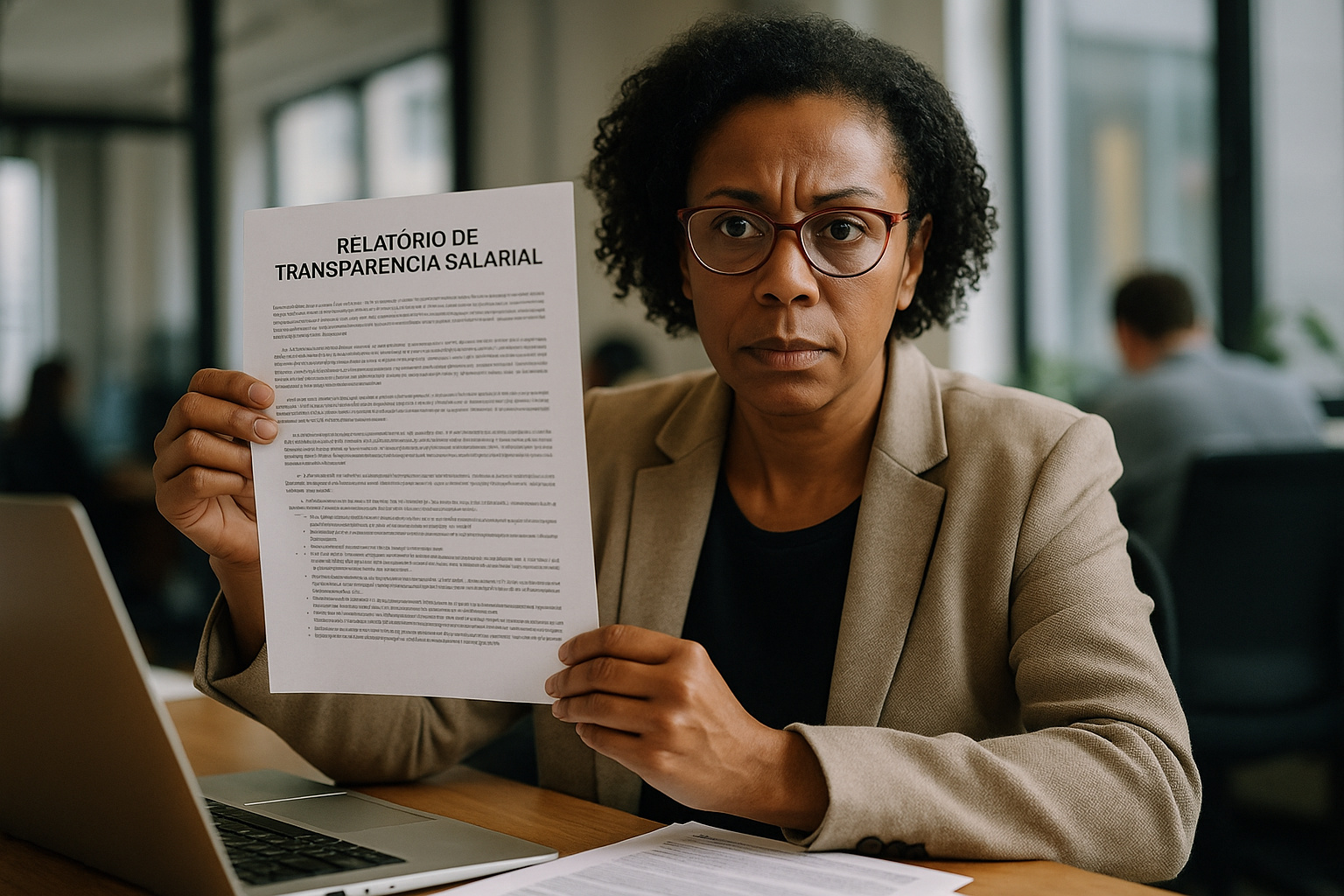 Profissional analisa relatório de transparência salarial em escritório moderno, representando a aplicação da Lei nº 14.611/2023 no Brasil.
