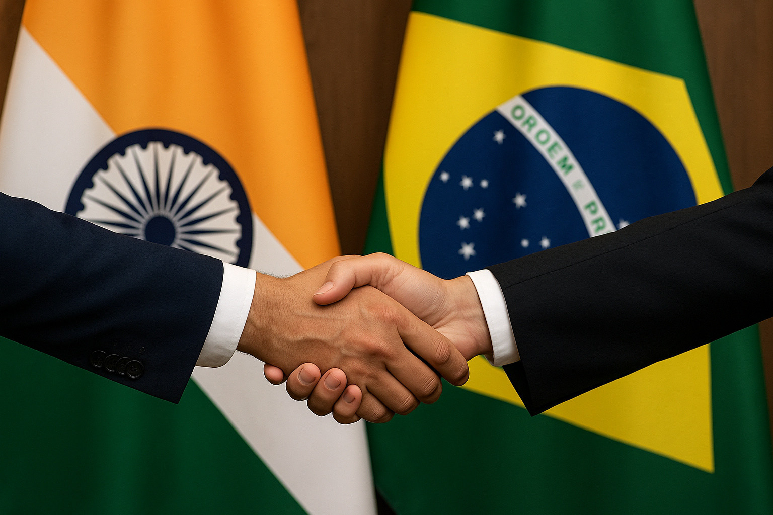 Aperto de mãos diante das bandeiras do Brasil e da Índia simbolizando a ampliação do acordo comercial entre os dois países em 2025.