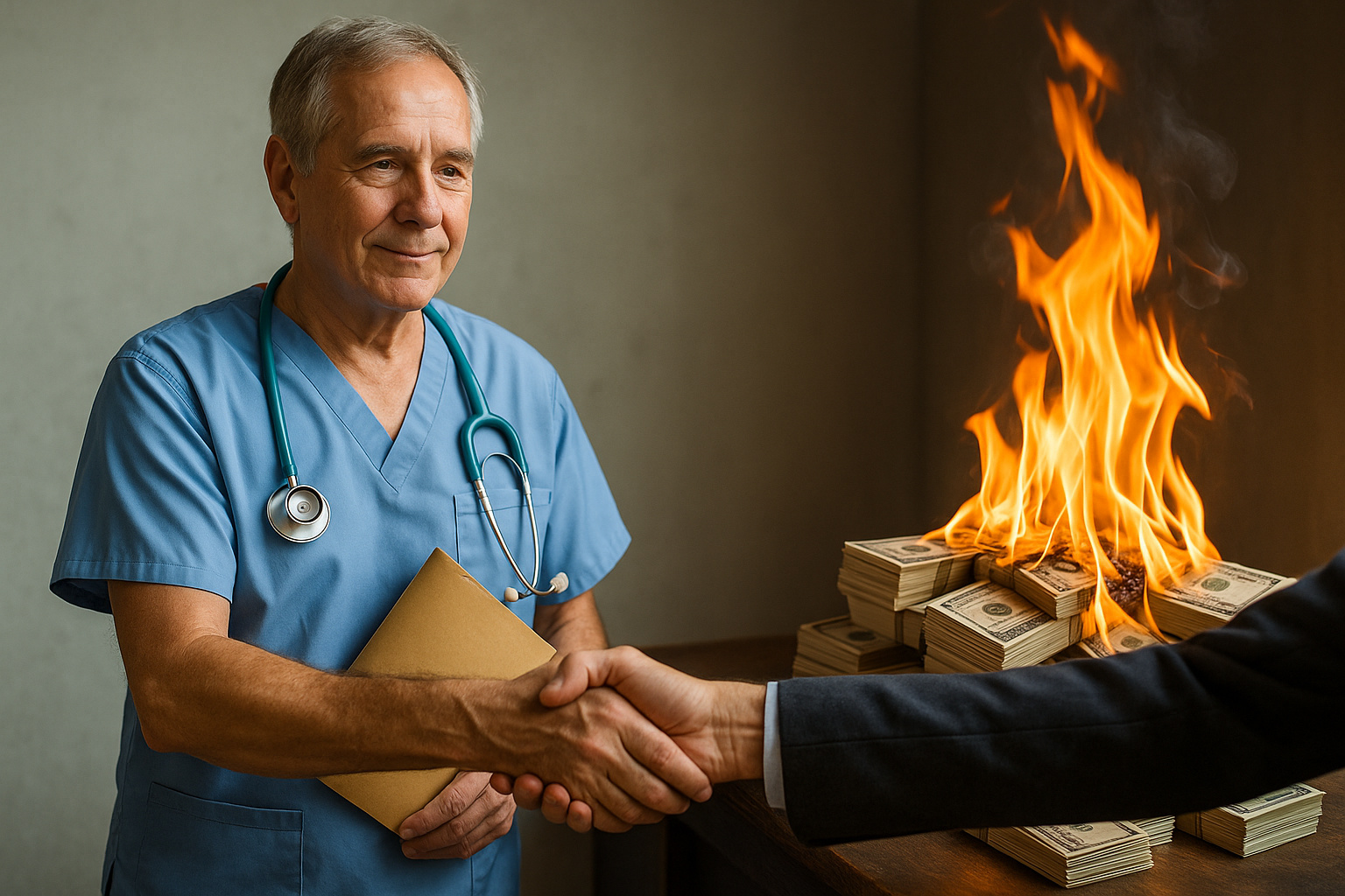 Agente de saúde aposentado em frente a pilhas de dinheiro em chamas, simbolizando o rombo bilionário causado pela nova PEC da aposentadoria.