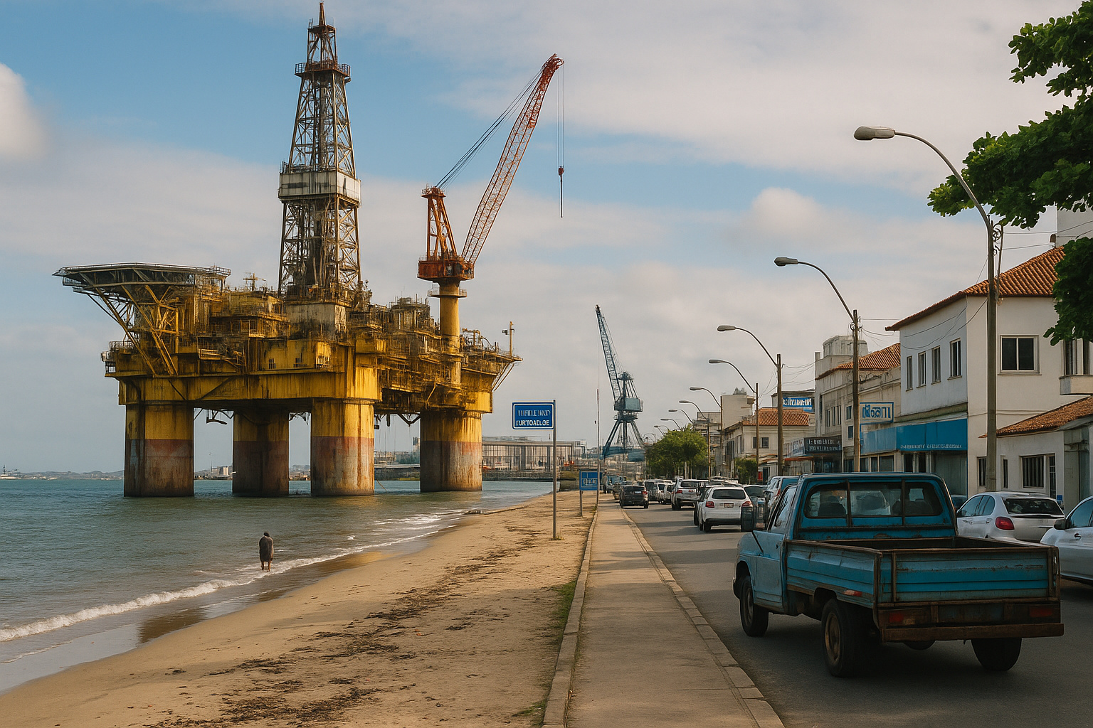 Vista ultra realista de Macaé com plataforma de petróleo próxima à praia, refletindo o contraste entre o progresso industrial e o cotidiano urbano da cidade.