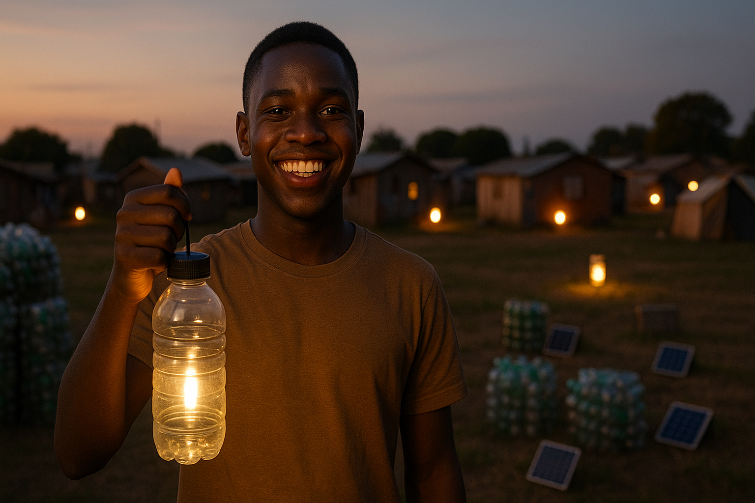 Com lixo plástico e energia solar, este jovem nigeriano criou um sistema capaz de iluminar vilarejos inteiros e levar eletricidade para mais de 10 mil refugiados — uma invenção que transformou o desperdício em esperança para a África