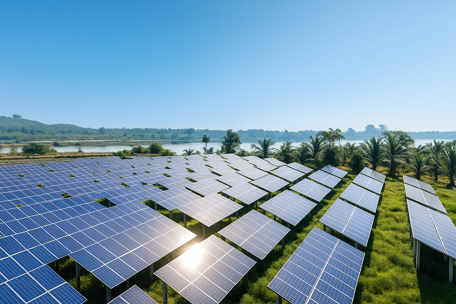 Campo de painéis solares sob um céu limpo e ensolarado.