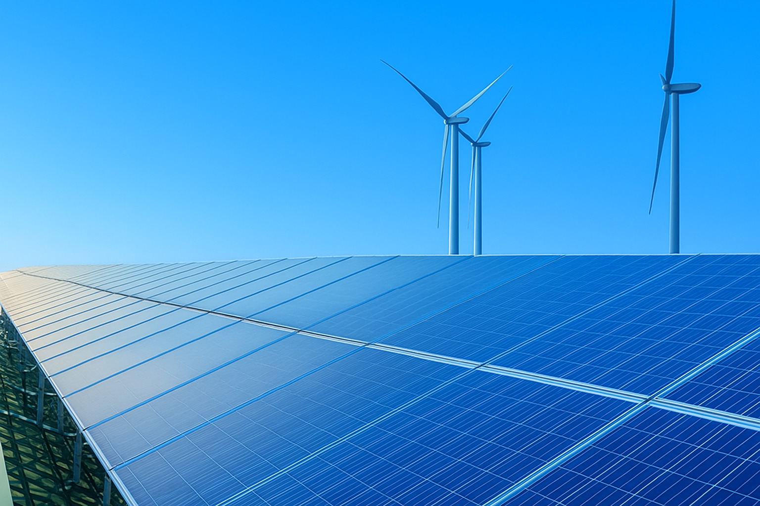Painéis solares e turbinas eólicas sob céu claro ao meio-dia.
