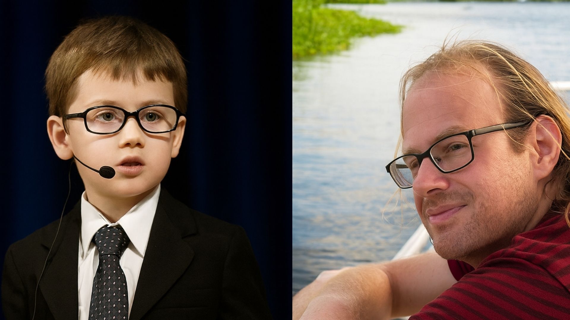 Imagem realista em formato paisagem que compara a infância de um gênio precoce com a vida adulta de uma pessoa comum. A cena ilustra o tema "O que ninguém conta sobre crianças superdotadas depois que crescem", abordando pressões, expectativas, frustrações e a perda da fama inicial.