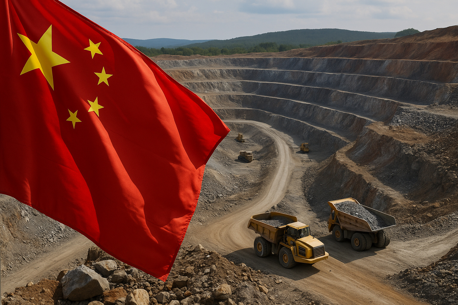 Mina de terras raras na China com caminhões de transporte e bandeira chinesa em destaque, simbolizando o domínio do país sobre minerais estratégicos.