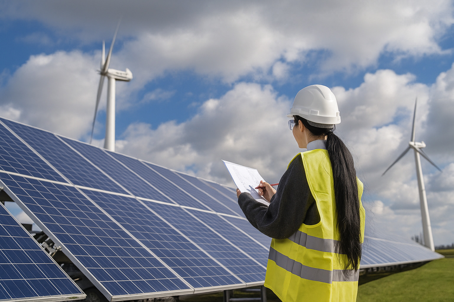 Engenheira inspecionando painéis solares com turbinas eólicas ao fundo sob céu parcialmente nublado.