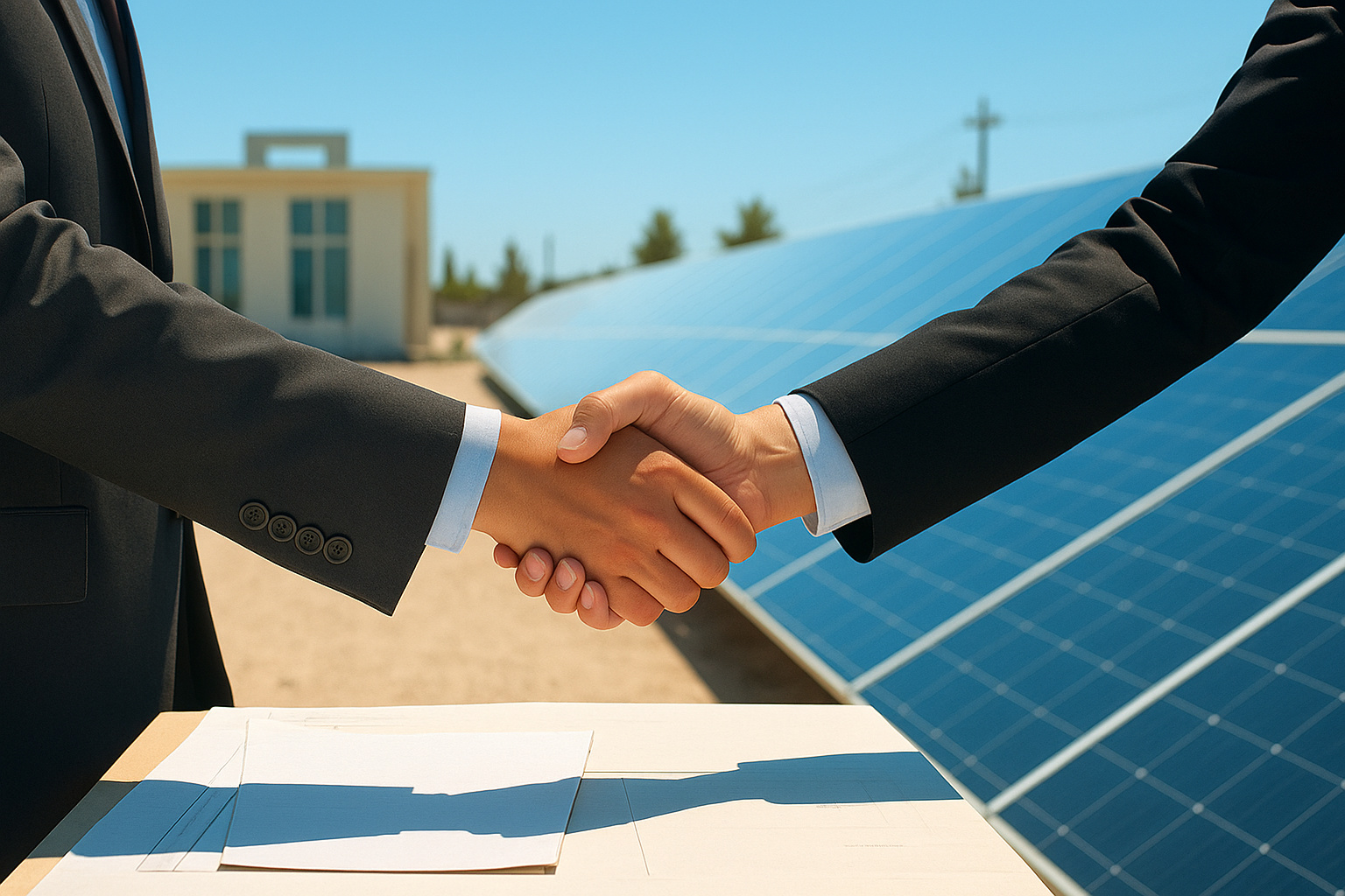 Duas pessoas apertando as mãos em frente a painéis solares sob o sol do meio-dia.