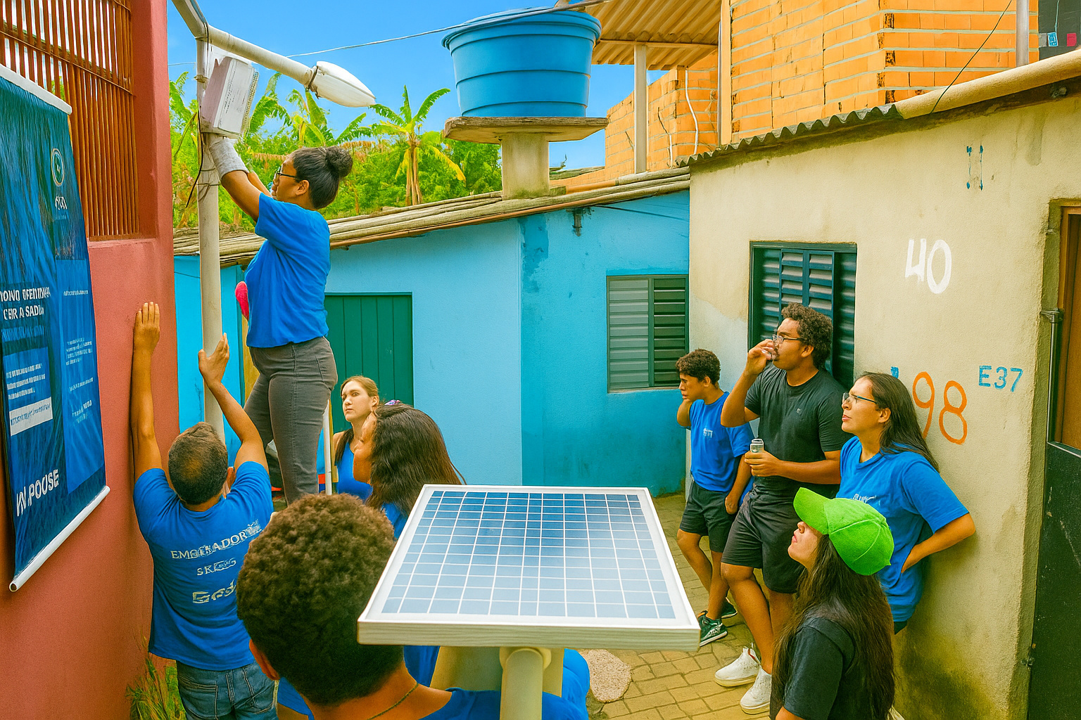 Voluntários instalam sistema de energia solar em comunidade durante o dia.