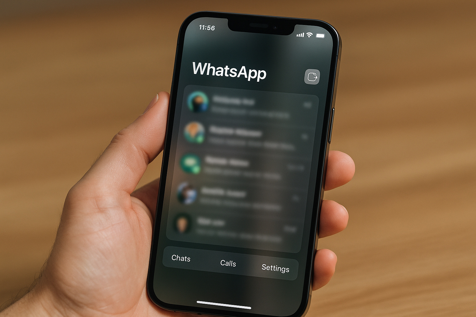 Interface do WhatsApp com efeito Liquid Glass no iOS 26 exibida em um iPhone moderno, mostrando menus translúcidos e design inspirado na Apple.