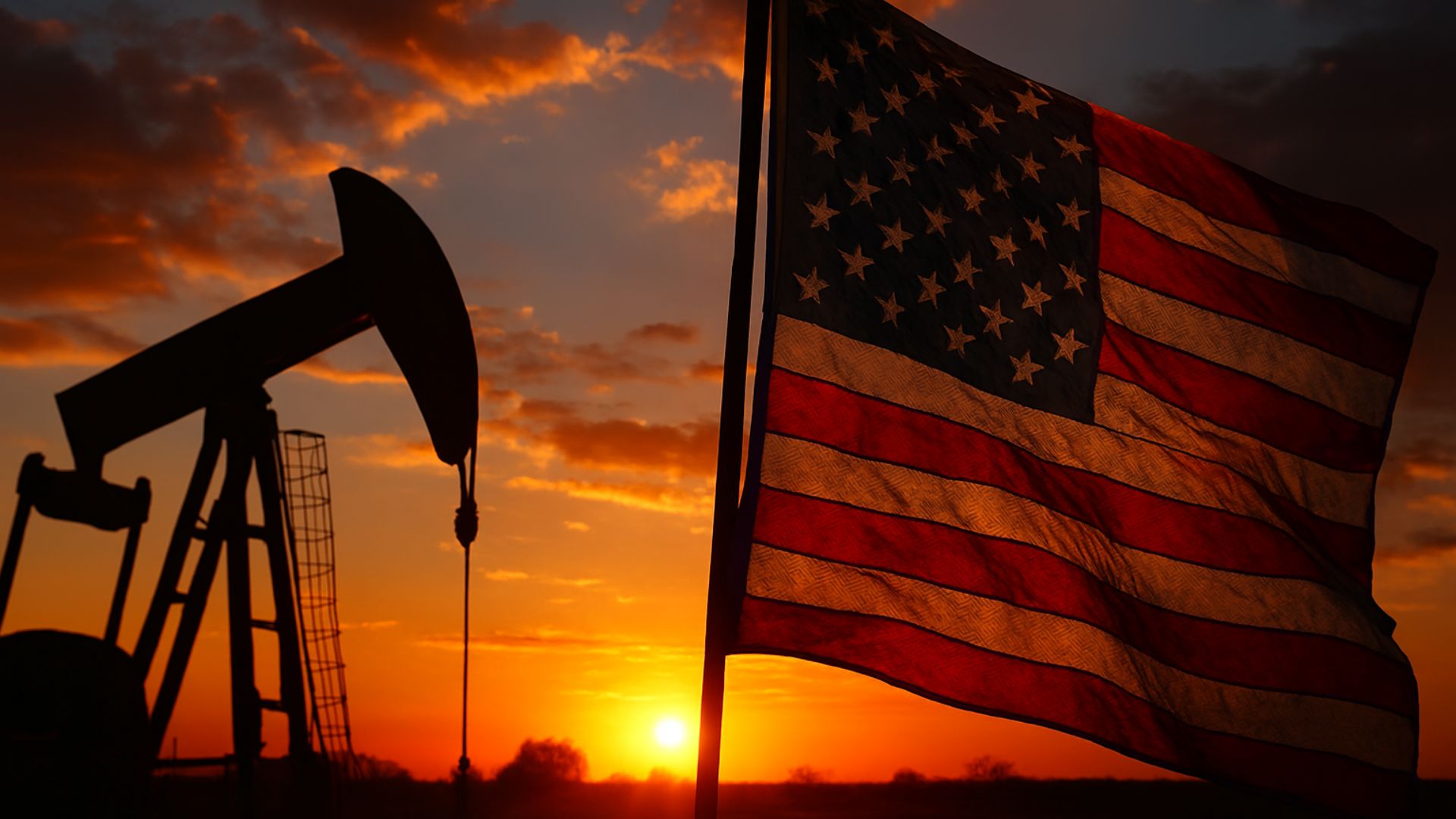 Bomba de petróleo ao pôr do sol com bandeira dos Estados Unidos ao lado, representando a indústria energética americana em contraste com o cenário natural.