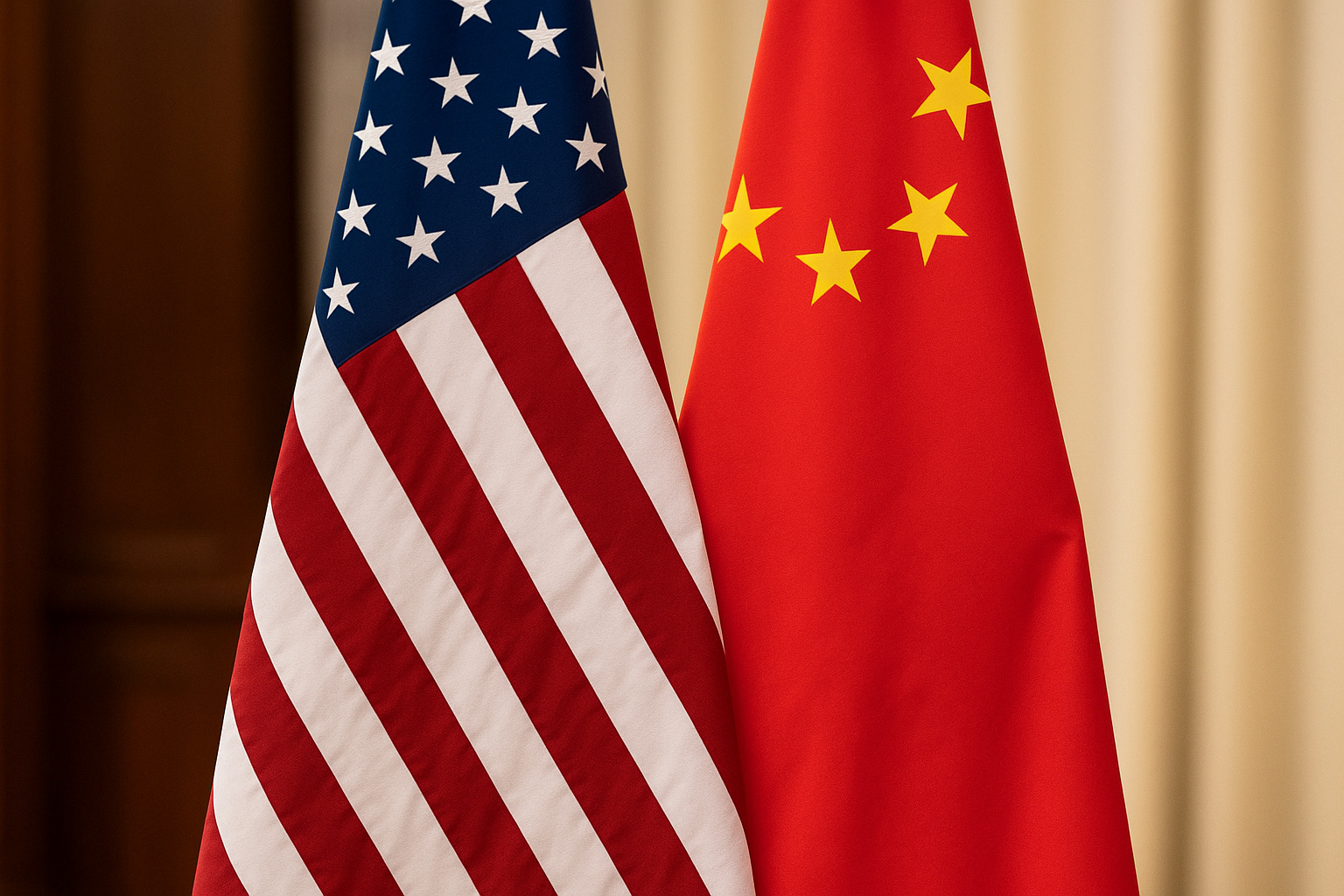Bandeiras dos Estados Unidos e da China lado a lado, representando a tensão econômica entre os dois países após controle de exportações de terras raras.