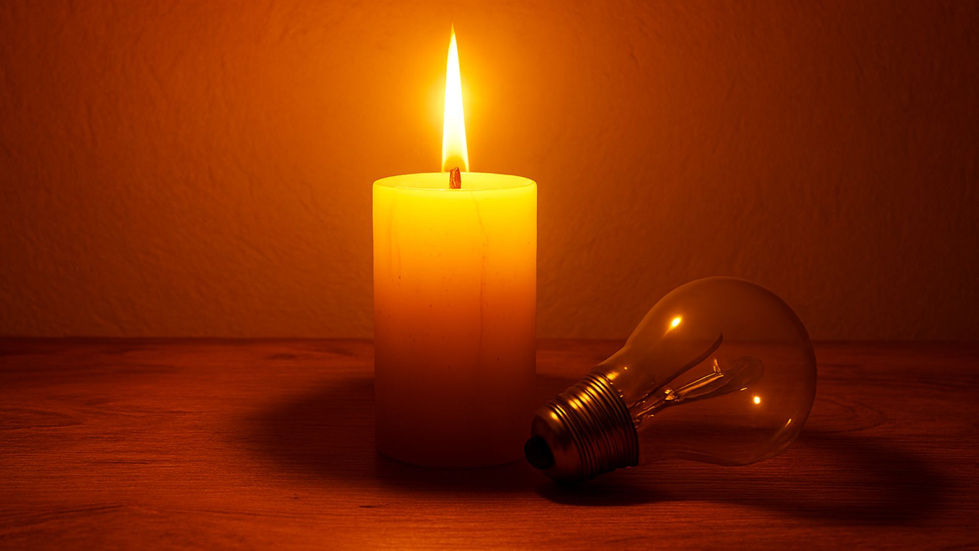 Vela acesa iluminando um ambiente escuro com uma lâmpada apagada ao lado, simbolizando falta de energia elétrica.