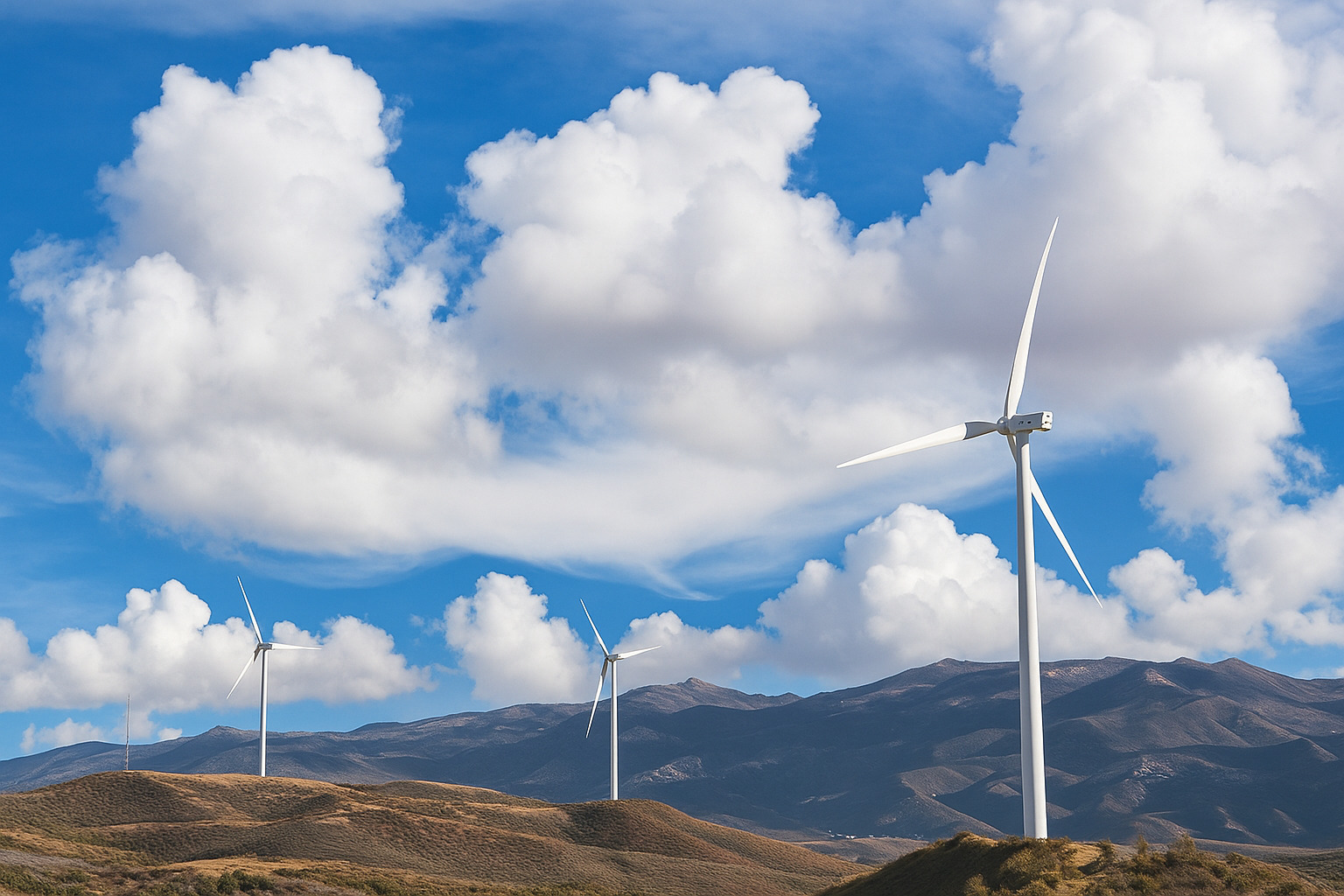 Parque eólico em região montanhosa com céu parcialmente nublado.