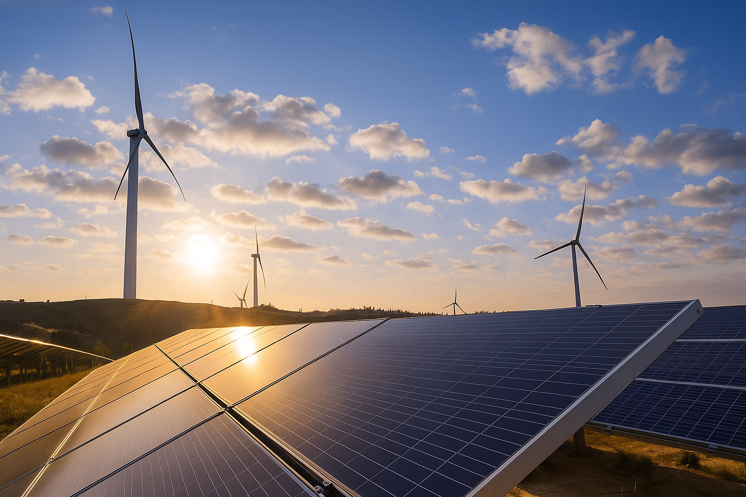 Painéis solares e turbinas eólicas sob um céu parcialmente nublado ao entardecer.