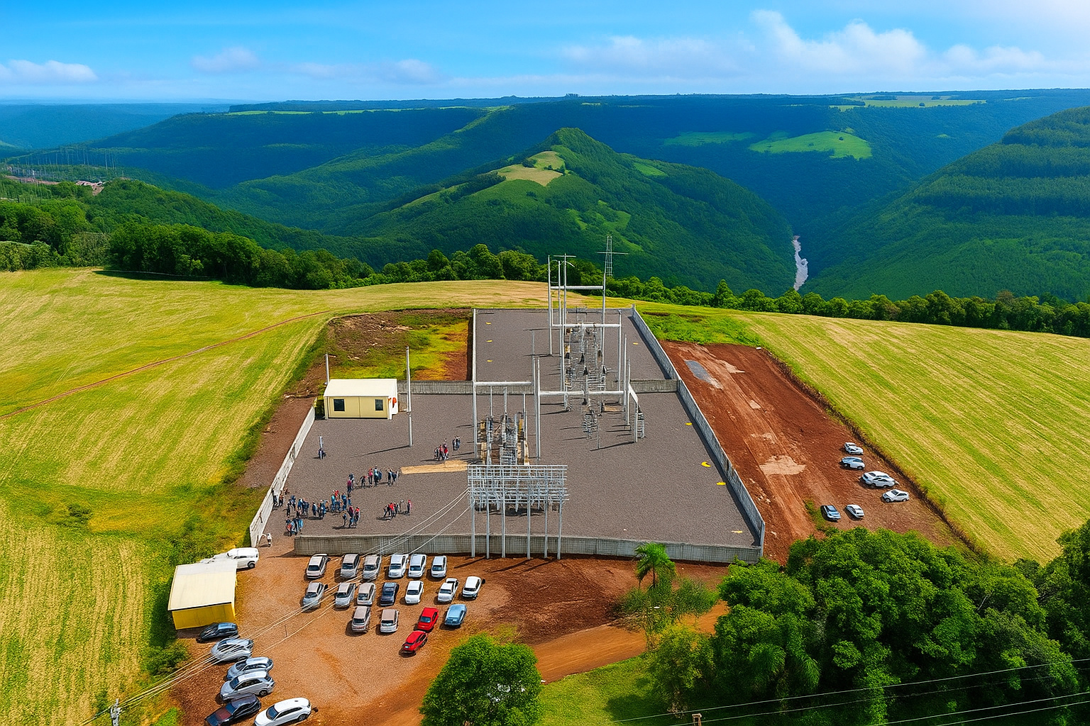 Vista aérea de subestação elétrica em área montanhosa com cores vivas e céu parcialmente nublado.