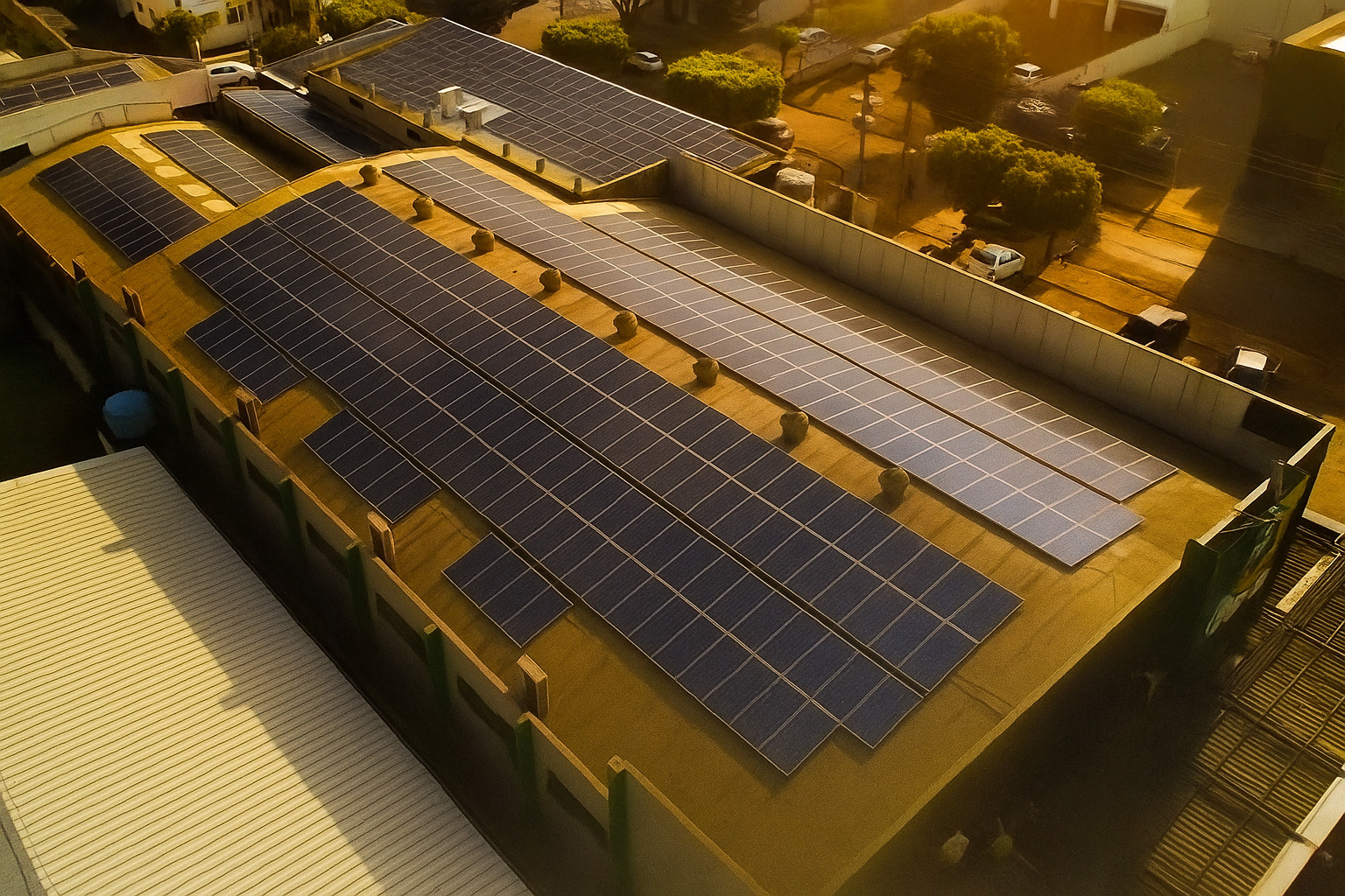 Vista aérea de prédio industrial com painéis solares no telhado sob a iluminação da manhã.
