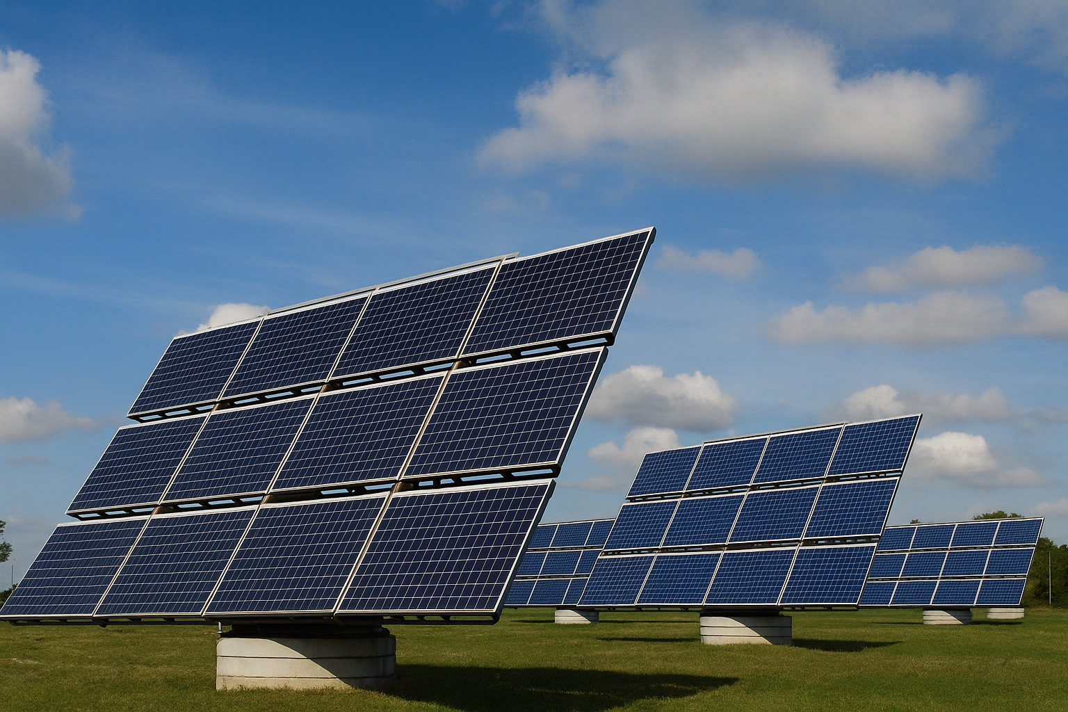 Painéis solares em campo aberto sob um céu parcialmente nublado.