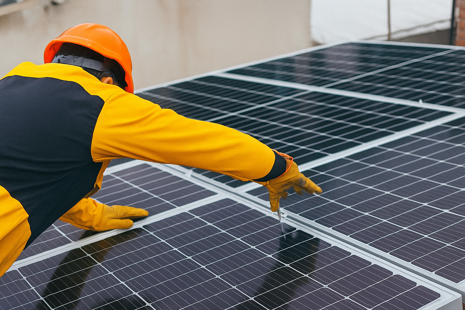 Técnico com capacete laranja e uniforme amarelo ajustando painéis solares em telhado.