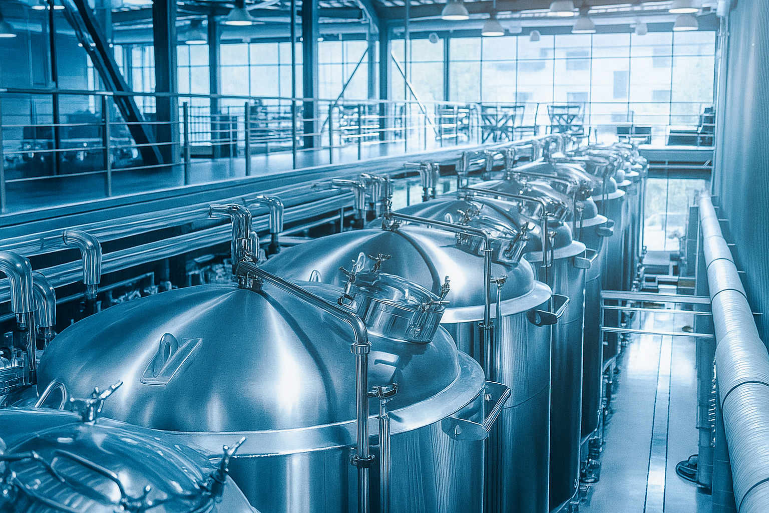 Tanques industriais de aço inox em uma fábrica iluminada pela luz da manhã.