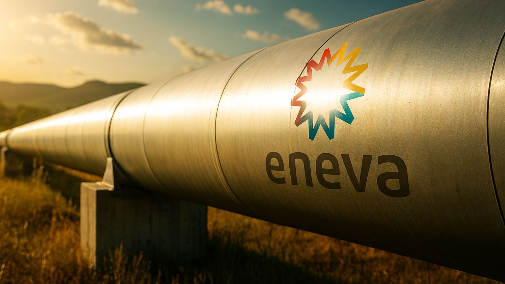 Gasoduto de gás natural com logotipo da Eneva em destaque, atravessando paisagem rural ao entardecer.