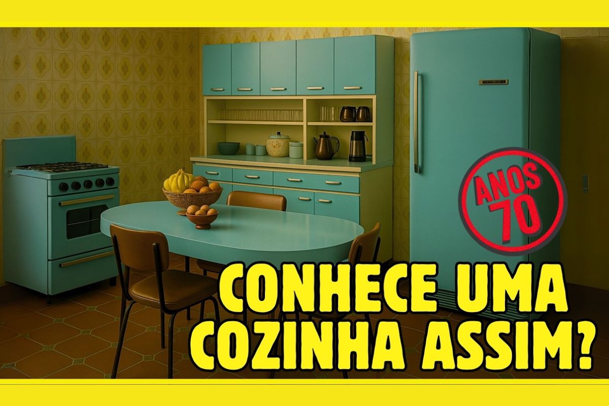 Reviva os anos 70 entrando na cozinha dos anos 70, no quarto dos anos 70 e no banheiro dos anos 70, com azulejos coloridos e memórias vivas.