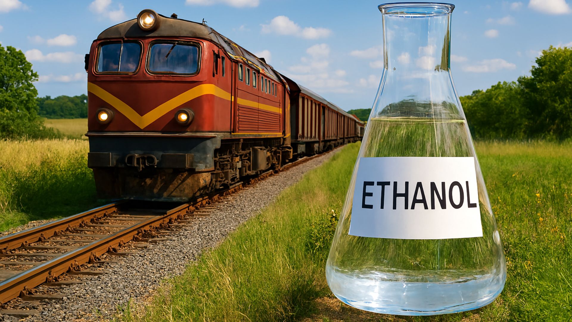 Trem atravessando paisagem rural com frasco Erlenmeyer de etanol em destaque no primeiro plano.