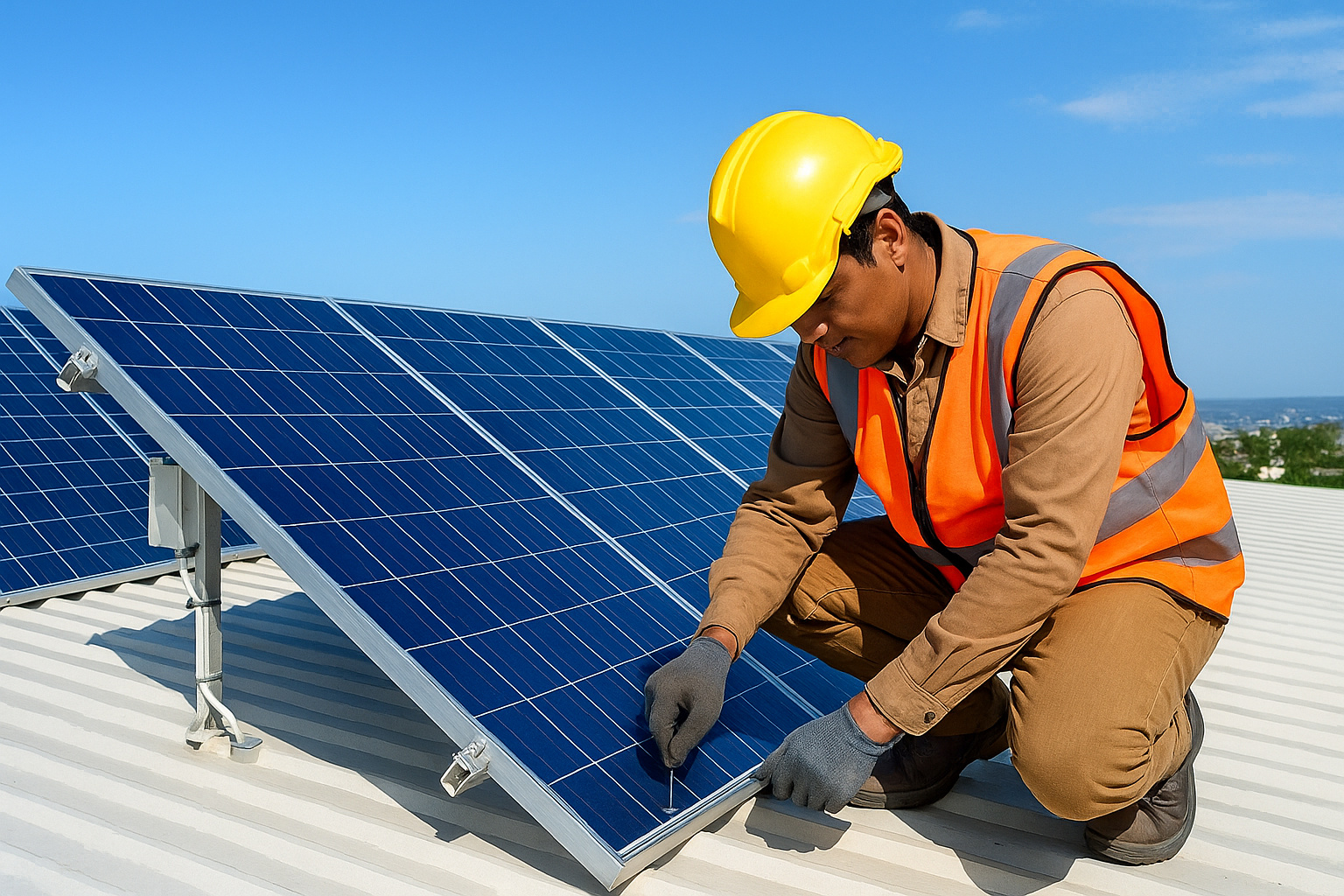 Profissional instalando painéis solares em telhado sob céu azul.