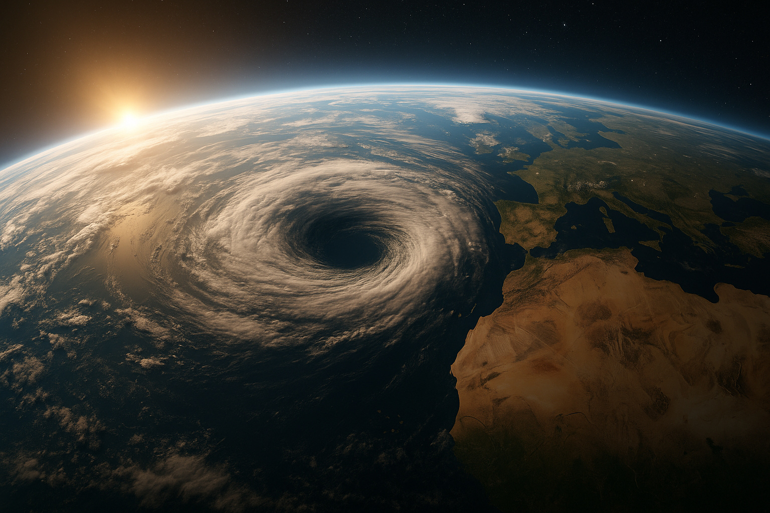 Visualização realista do campo gravitacional da Terra sobre o Oceano Atlântico, mostrando a anomalia gravitacional de 2007 observada pela missão GRACE.