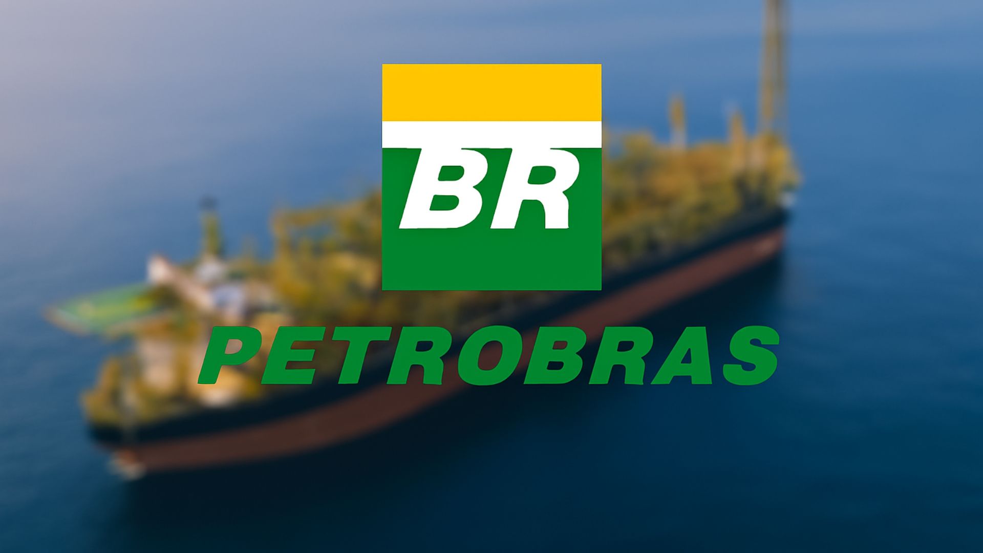 Aeronave sobrevoa unidade FPSO no oceano com o logotipo da Petrobras centralizado em destaque.