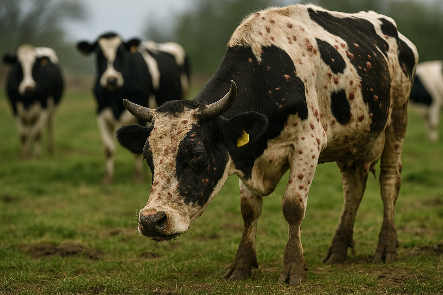 Vaca com lesões visíveis na pele em fazenda francesa durante surto de dermatose nodular, símbolo da crise sanitária que levou à suspensão das exportações de bovinos.