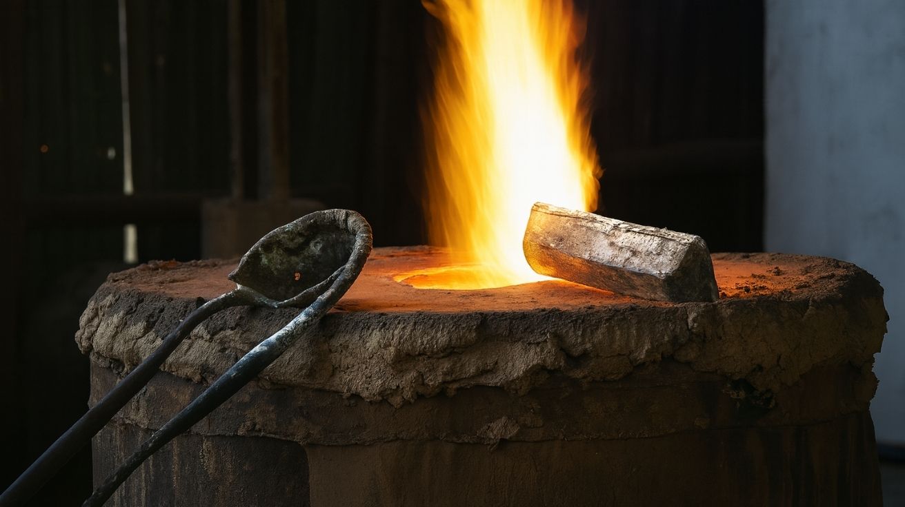Fotografia realista de uma fornalha ancestral em chamas usada na fundição de cobre e ferro há 3 mil anos na Geórgia