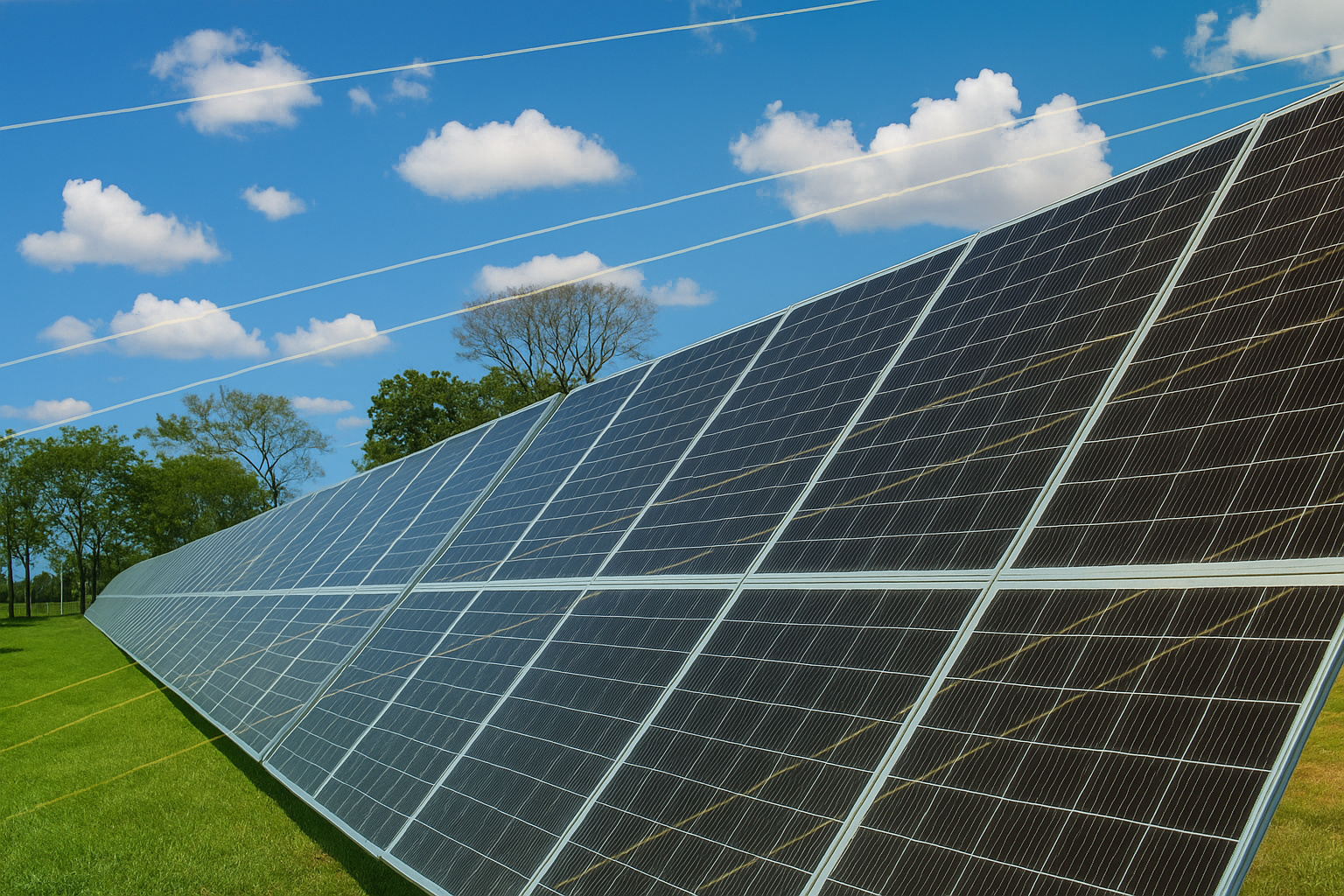 Painéis solares instalados em campo sob um céu parcialmente nublado.