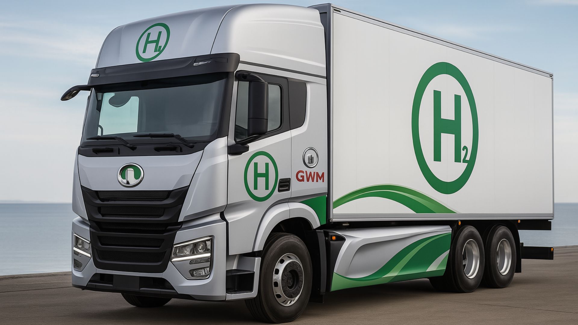 Caminhão movido a hidrogênio verde da GWM estacionado em ambiente externo, com símbolo de hidrogênio em destaque na carroceria.