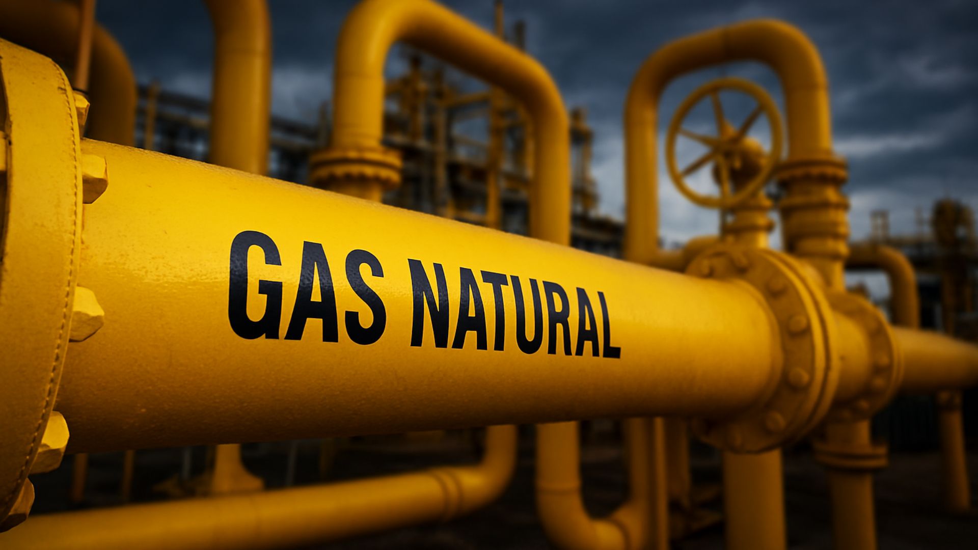 Rede de tubos industriais de gás natural com destaque para tubo amarelo rotulado sob céu nublado em cenário energético.
