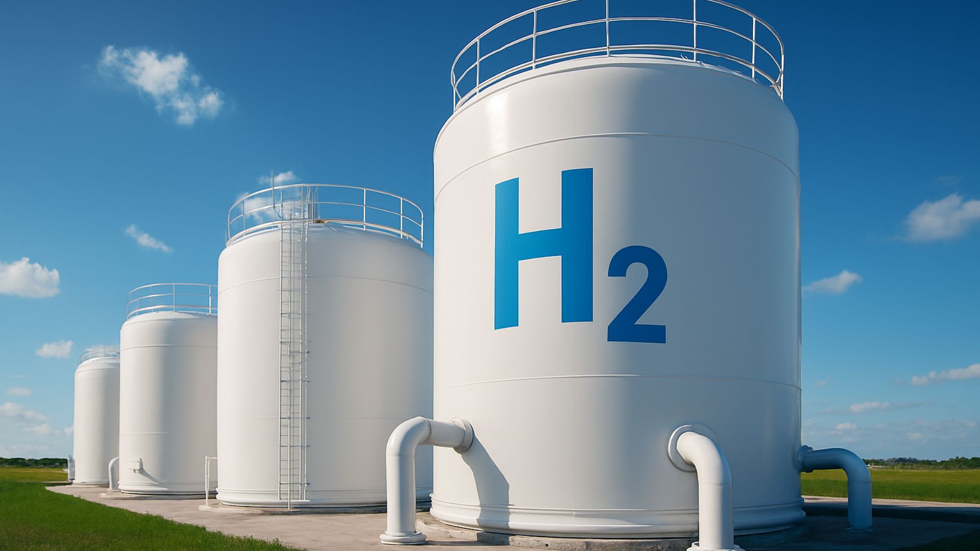 Tanques brancos de hidrogênio limpo com símbolo H₂ em ambiente industrial ao ar livre, sob céu azul.