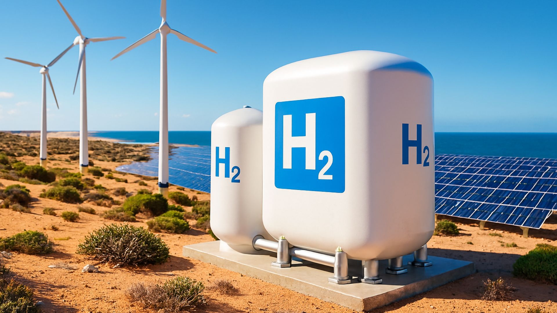 Infraestrutura de energia limpa no Ceará com tanques de hidrogênio, turbinas eólicas e painéis solares em área costeira.