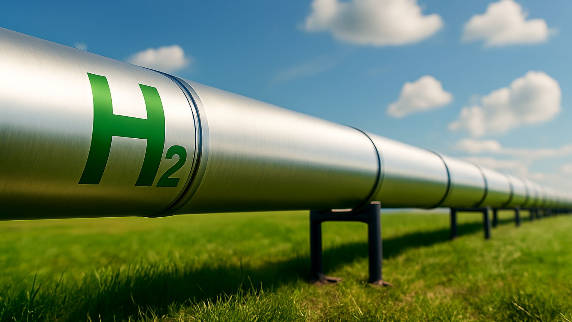 Gasoduto metálico ao ar livre com símbolo verde de hidrogênio (H₂), atravessando campo gramado sob céu azul com nuvens.