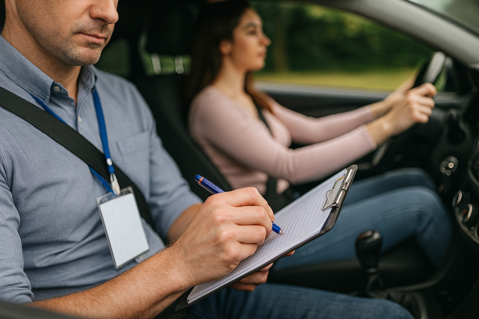 Instrutor autônomo de trânsito avalia aluna durante aula prática de direção em carro moderno, com prancheta nas mãos e ambiente urbano ensolarado.