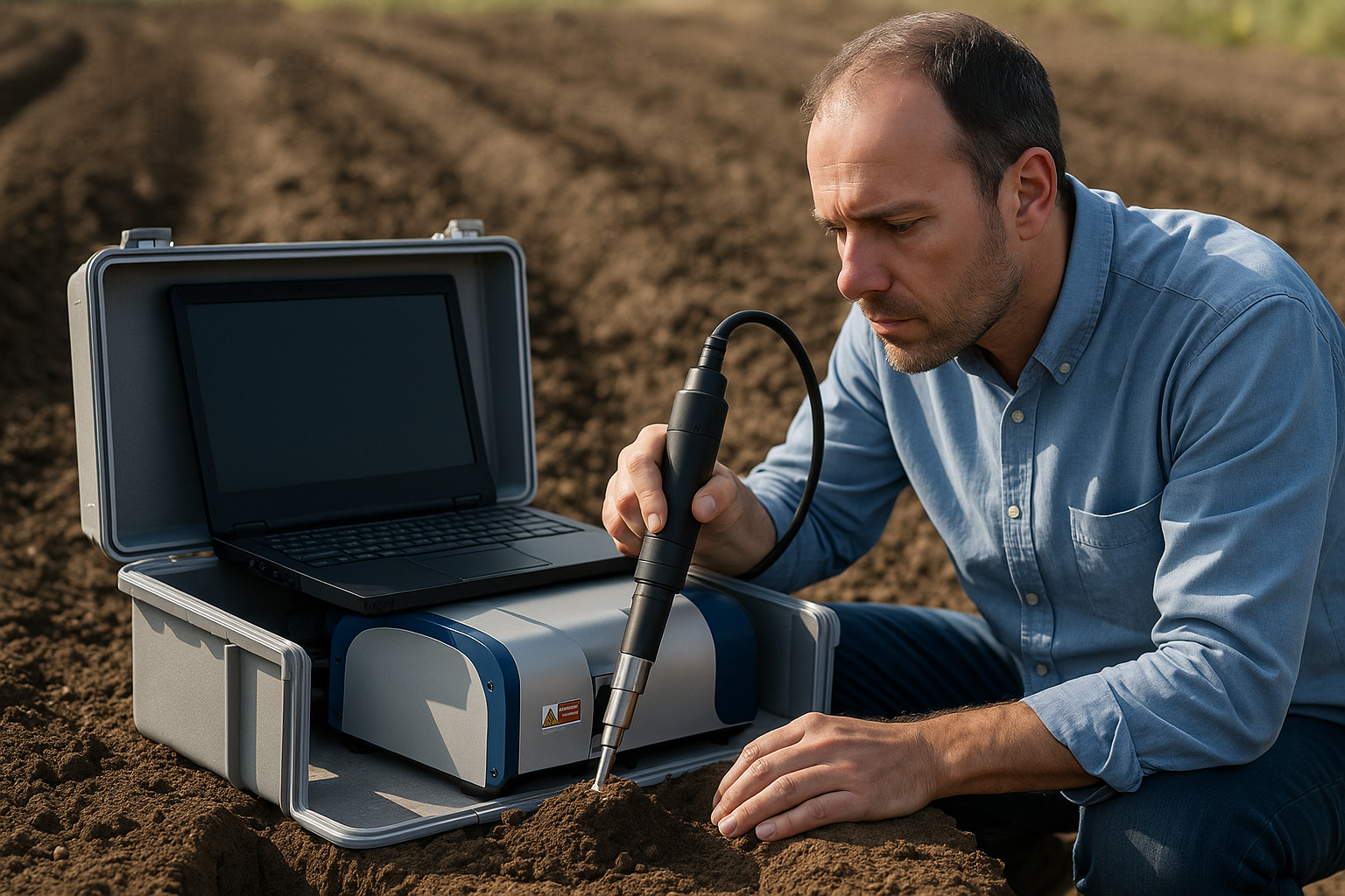 Cientista da Embrapa utiliza tecnologia com laser e inteligência artificial para medir carbono no solo em campo agrícola.