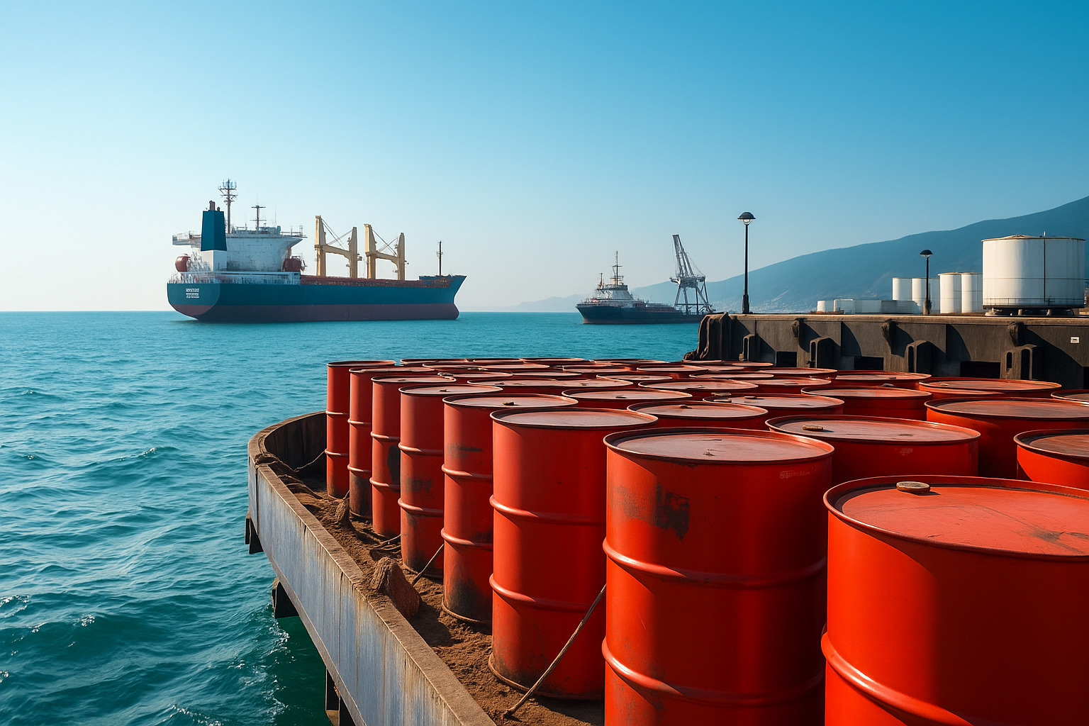 Navio petroleiro e barris de óleo em um porto industrial ao meio-dia.