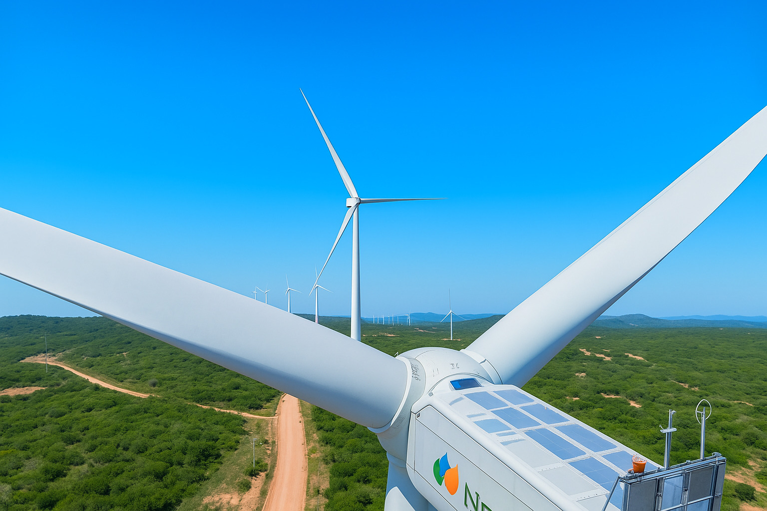 Vista aérea de um parque eólico com turbinas em meio à vegetação sob céu azul de meio-dia.